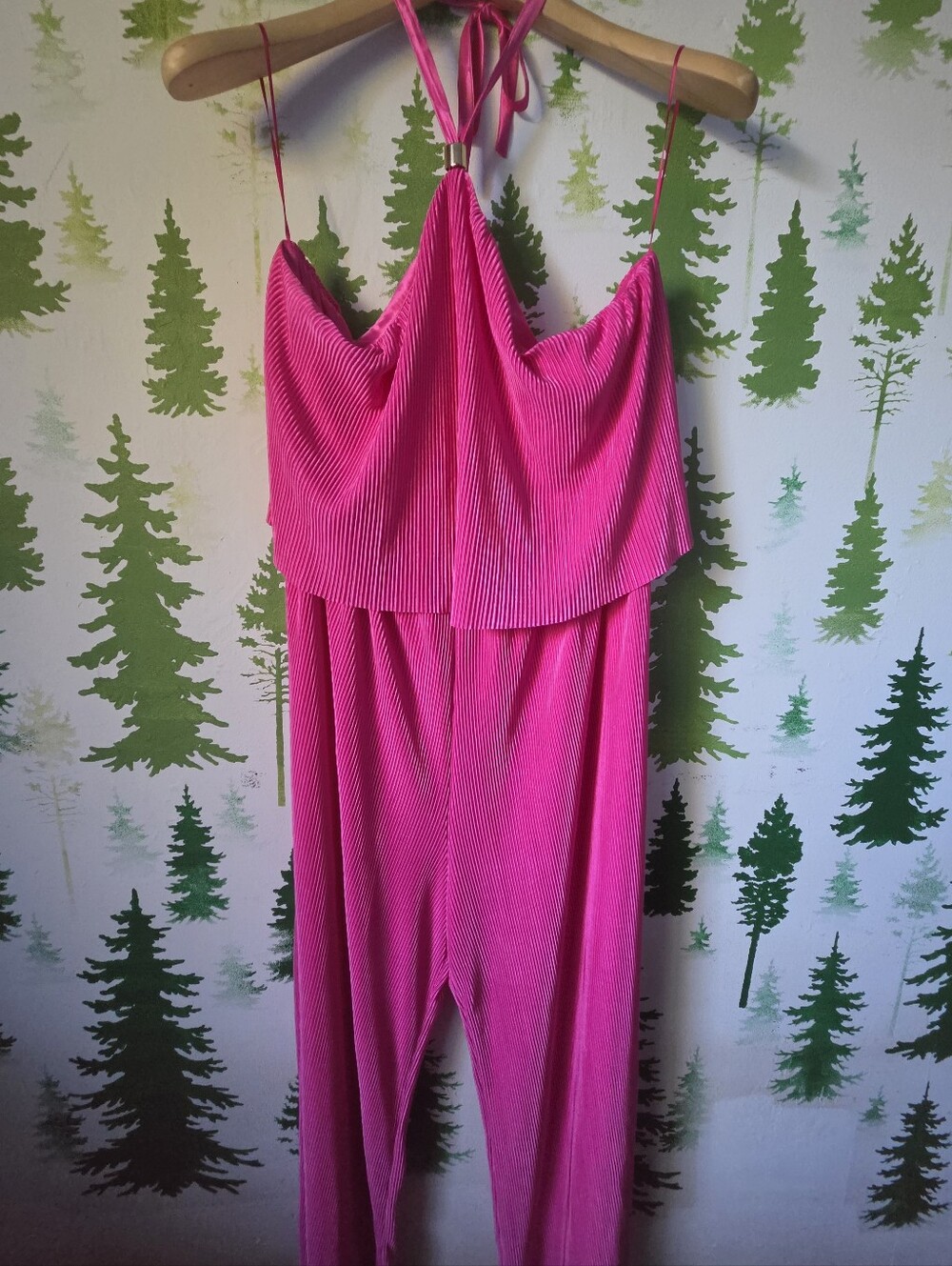 Intempo Halter Plisse Jumpsuit in Hot Pink
